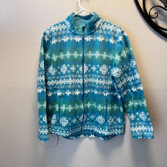 Talbots Womens Full-Zip Fleece Jacket L Snowflake Print Blue & Green - Picture 1 of 8